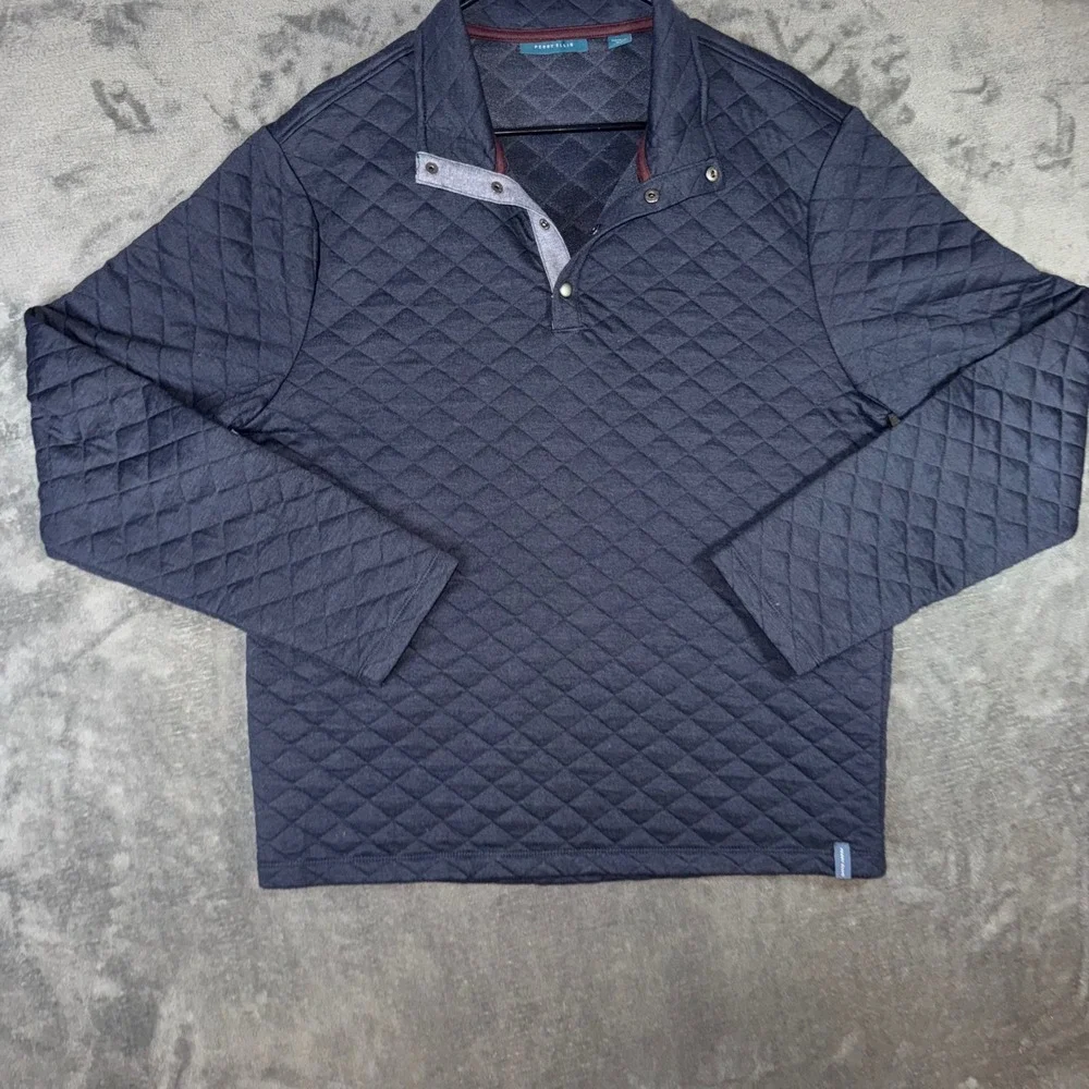 Mens Large Perry Ellis Pullover Navy Blue Excellent Quilted Snap Neck Sweater